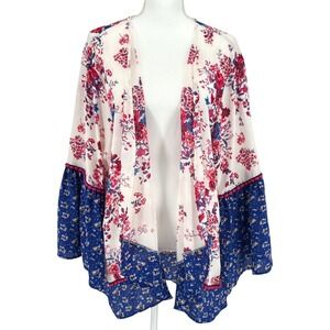 The Pioneer Woman Floral Kimono Cardigan L/XL White Blue Bell Sleeve